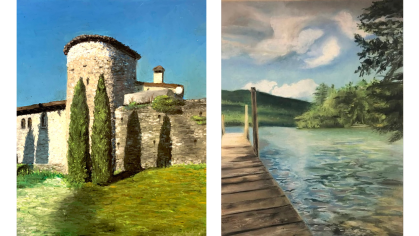 Two paintings side by side. The left painting shows a stone building with a rounded tower and tall cypress trees under a bright blue sky, casting long shadows on a grassy hill. The right painting depicts a wooden dock extending into a calm lake, with green hills and trees in the background under a partly cloudy blue sky.