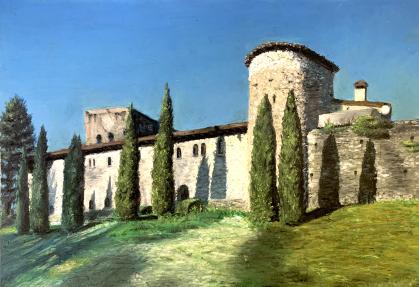 The left painting shows a stone building with a rounded tower and tall cypress trees under a bright blue sky, casting long shadows on a grassy hill.